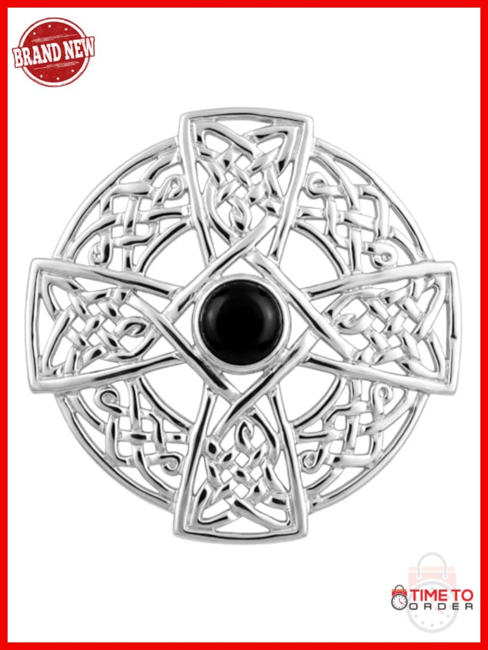 925 Sterling Silver Celtic Cross Brooch Pin with Black Cubic Zirconia